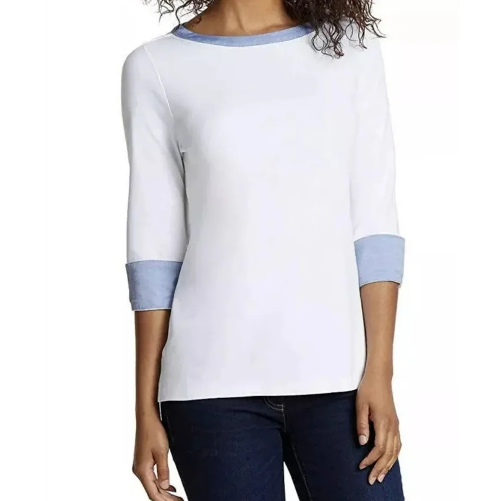 Nautica Women's 3/4 Cuffed Sleeve White Chambray Casual Top Size Large - Picture 1 of 8